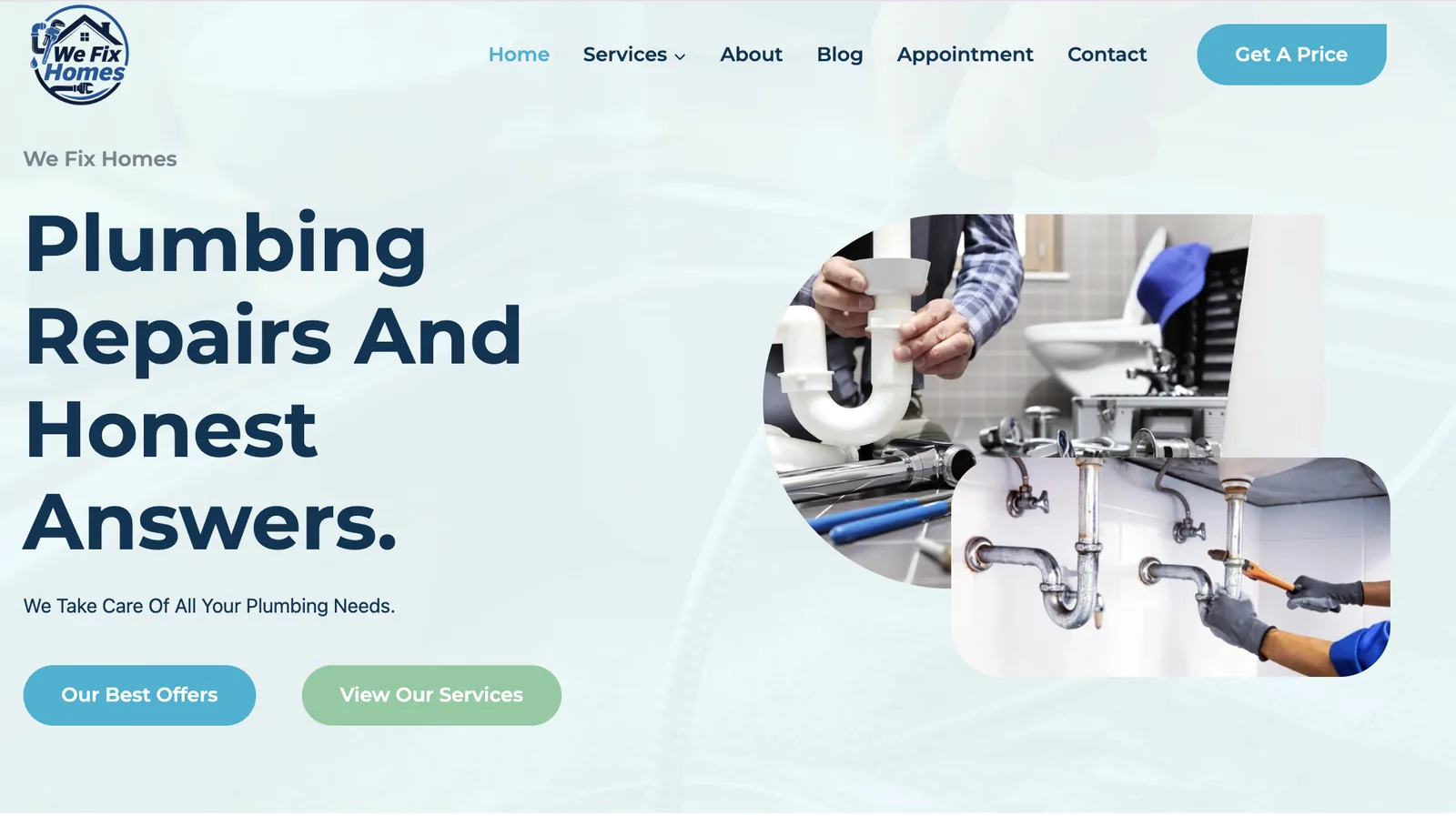 We Fix Homes homepage — plumbing repair service website